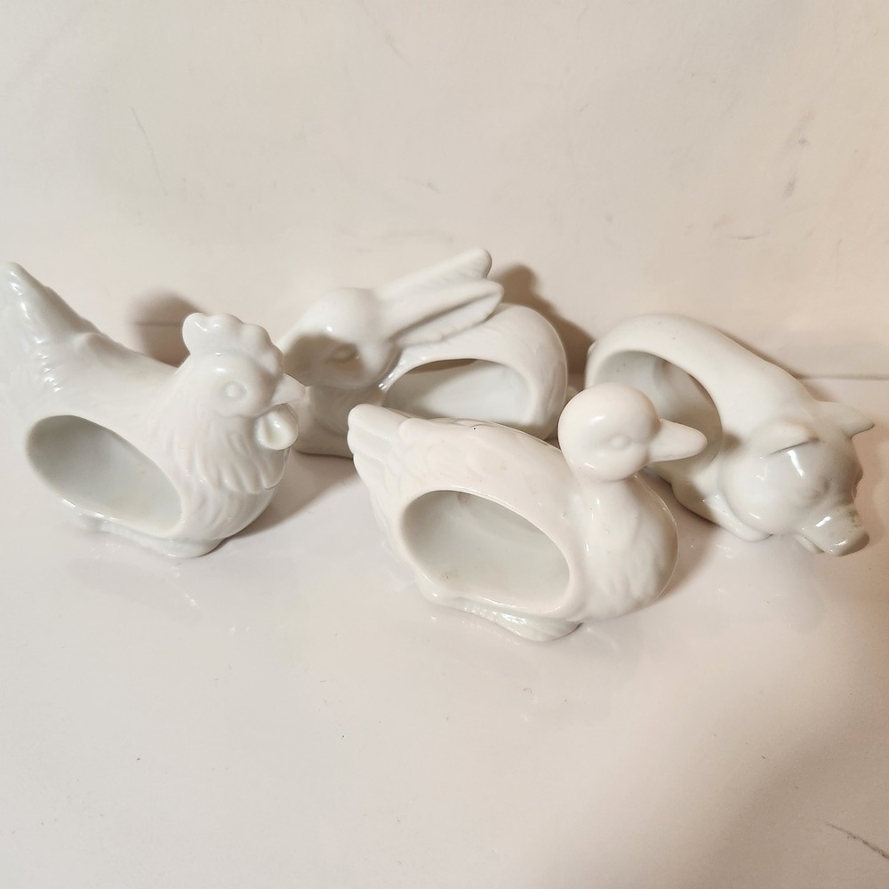 Vintage White porcelain Farm Animal Napkin Rings Set 4 Rooster Rabbit Pig Duck